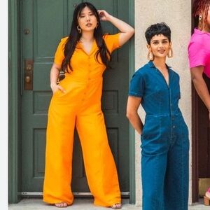 MIXED BY NASRIN Tangerine Linen Jumpsuit Wide Leg Button Front Short Sleeve 🍊XS